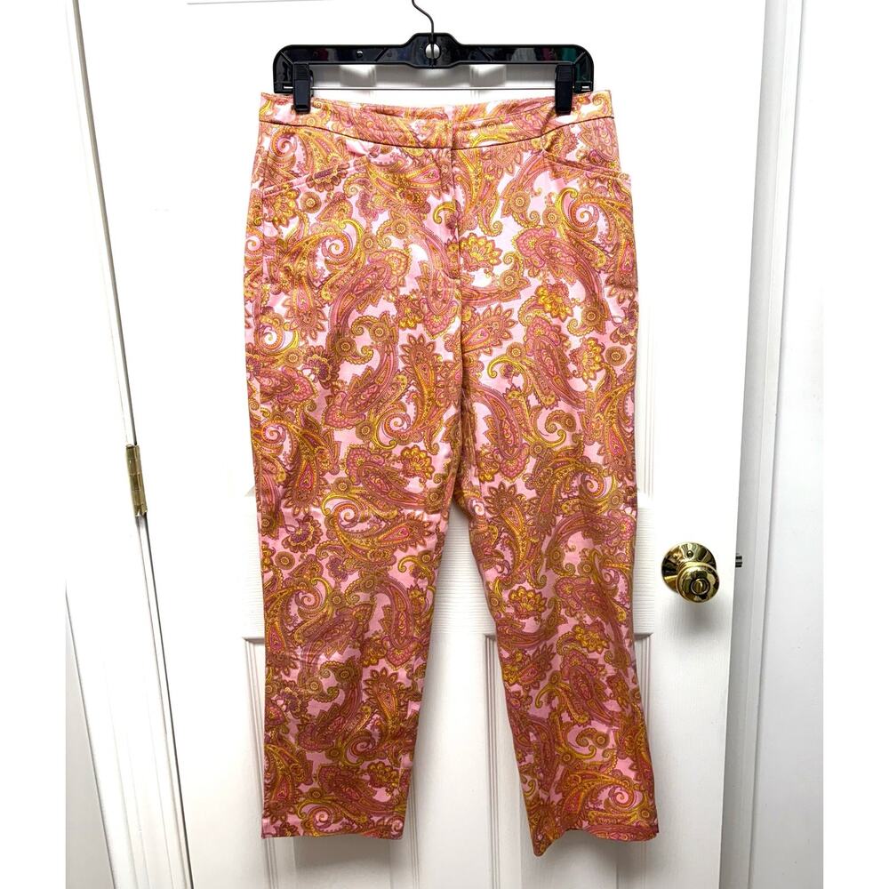 Jones New York Pants Pink Paisley Cropped, Flat Front, Pockets, Women's Size 8